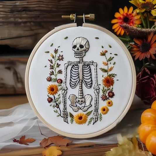 Floral Witch Hat Embroidery Kit Halloween Cross Stitch Material Set with Bat Skull Flower Pumpkin Patterns, DIY Hand Needlepoint Embroidery Craft Kit for Beginners Professional (Spooky Skeleton)