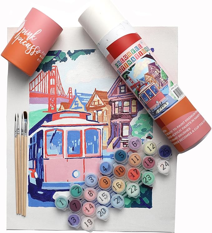 Pink Picasso Kits Colorful Destinations Paint by Number for Adults and Teens | DIY Unique Canvas Painting Kits Color by Numbers Arts & Crafts Kit | Stay Golden 8x10 - Paint Kit Set