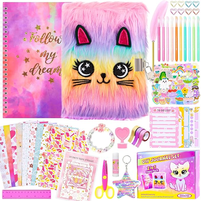 2-pack diy journal kit for girls ages 8-12 13 14 year olds, birthday gifts for teen girls, 110pcs cute scrapbook supplies stationary, journaling art crafts trendy stuff for kids, cat diary with lock