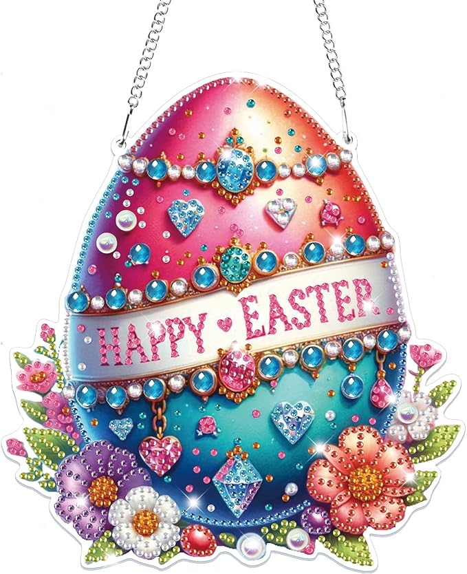 Bowetile Easter Hanging Diamond Art Kits for Adults, 5D Special Shape Diamond Painting Egg Kits, Easter Egg Diamond Gem Art Suncatchers Painting Pendant Home Decor, Gifts for Easter