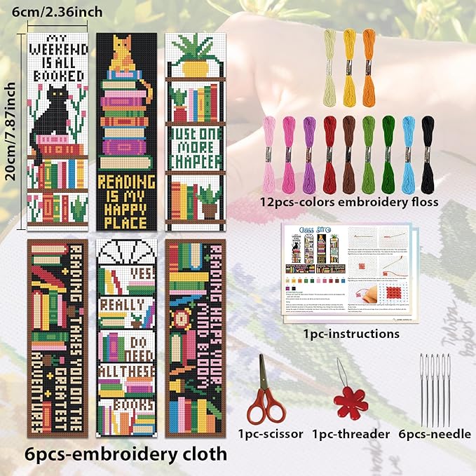 ACRNIGHEET 6PCS Cross Stitch Bookmark Kits Bookshelves Words Pattern Counted Cross Stitch Kits for Beginners Adults DIY Stamped Embroidery Bookmarks with Instructions Hand Embroidery Craft Gift
