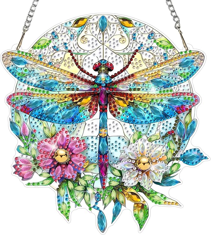MEIYUDA Dragonfly Diamond Art Hanging Kits for Adult, Flowers Dragonfly Diamond Painting Hanging Kits Ornaments, DIY Special Shaped Rhinestone Window Pendants Kit for Home Garden Wall Decor Gift