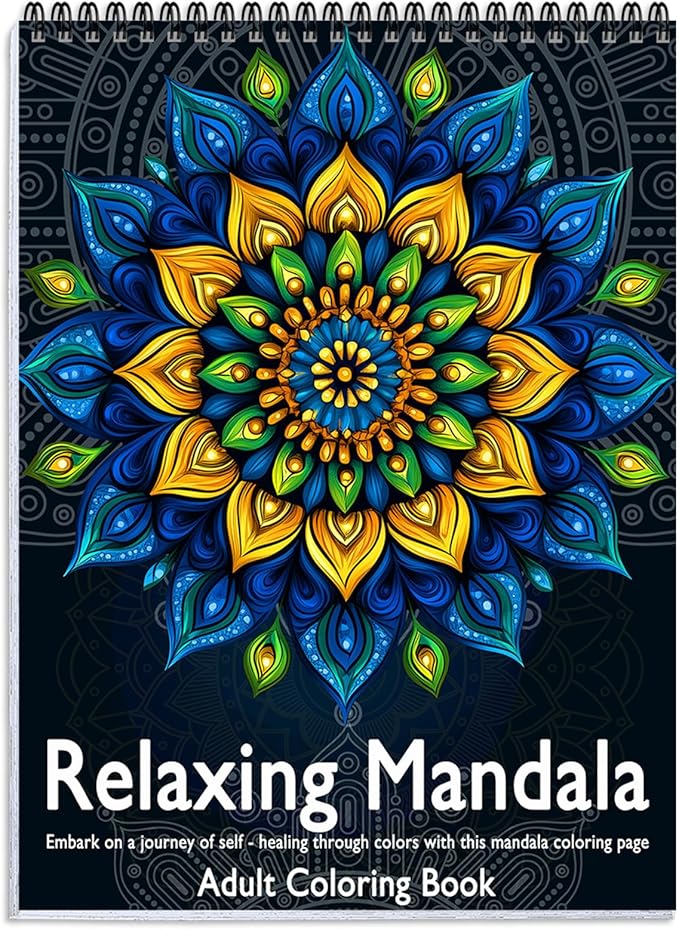 Mandala Coloring Book for Adults Relaxation, 24 Patterns Adult Coloring Books for Women Stress Relief, Inspirational Gift for Women & Men, Spiral Bound Mindfulness Coloring Book, Single-Sided Print