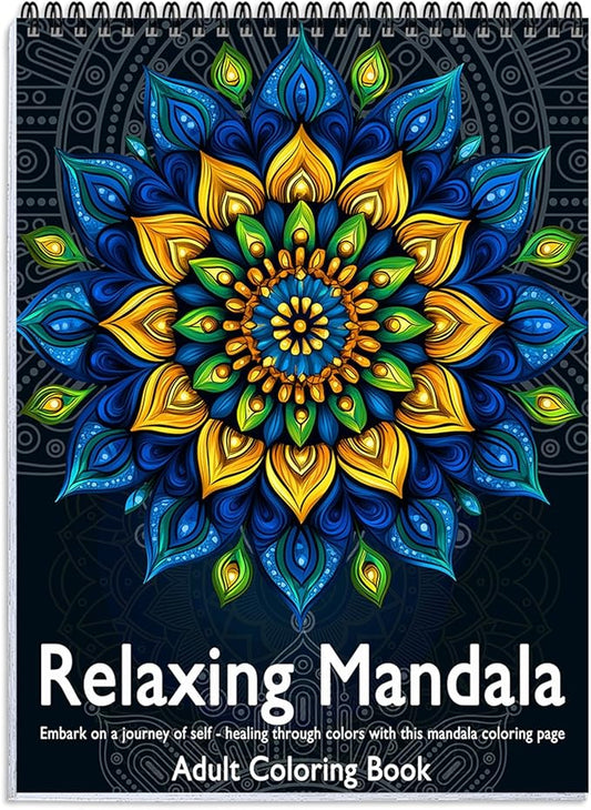 Mandala Coloring Book for Adults Relaxation, 24 Patterns Adult Coloring Books for Women Stress Relief, Inspirational Gift for Women & Men, Spiral Bound Mindfulness Coloring Book, Single-Sided Print