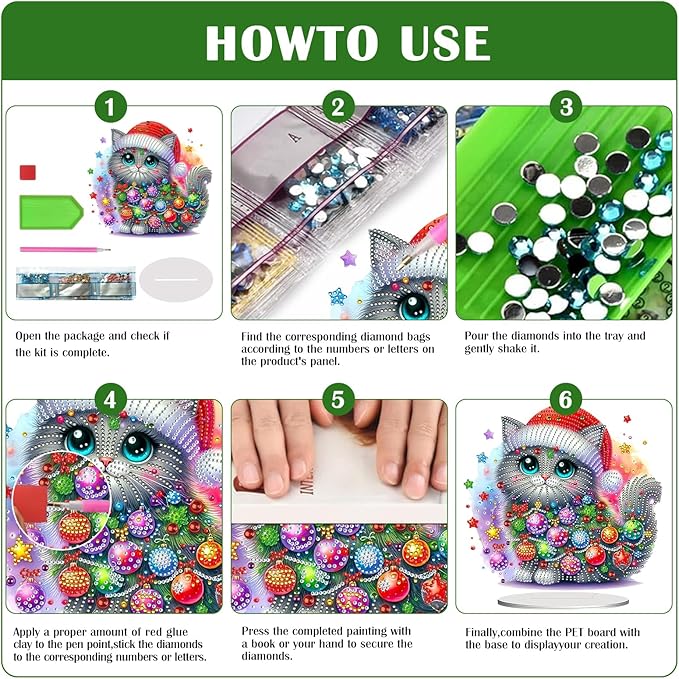LAKEQUILL Christmas Diamond Painting Kits, Tabletop Ornament, Stand Up Diamond Art Desktop Kits for Home Office Decor, New Year Gift - Christmas Cat