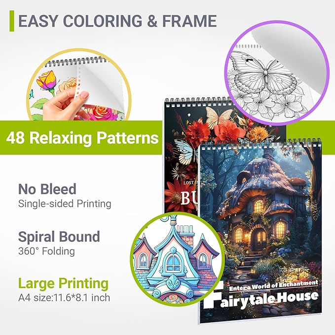 Adult Coloring Book for Women Relaxation, Spiral Bound Mindfulness Coloring Book with 24 Colors Markers for Adult, Anxiety Relief Gifts with 48 Pictures (Butterfly & Pumpkin House)