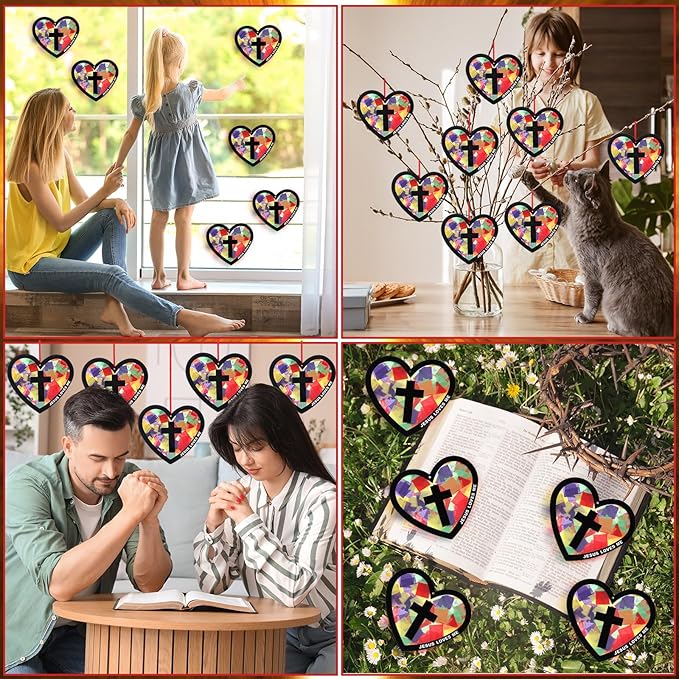Motipuns 32 Sets Easter Christian Ornaments Craft Kit, Religious DIY Heart Suncatchers Gift Stained Glass Effect with Tissue Paper Window Art for Sunday School Church VBS Decor