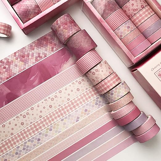 Doraking 12Rolls Decorative Washi Masking Tapes Set for Scrapbooking Gift Wrapping Decoration Arts & Crafts, Washi Tapes Set (Pink)