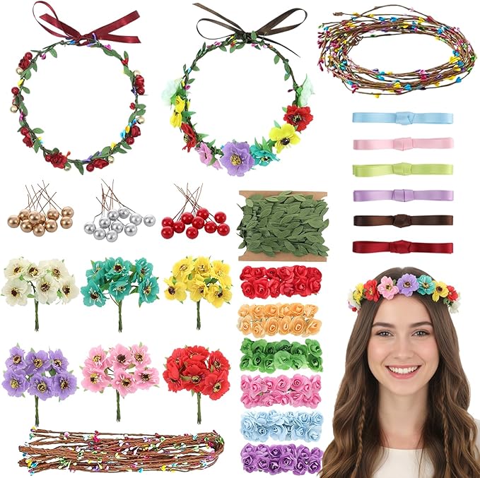 DIY Flower Crowns Making Kit, 195 Pcs Make Your Own Fairy Floral Headband Making Kit, Handmade Creativity Flower Hair Accessories Craft Set for Women Birthday Party Arts Creative Gifts Decor