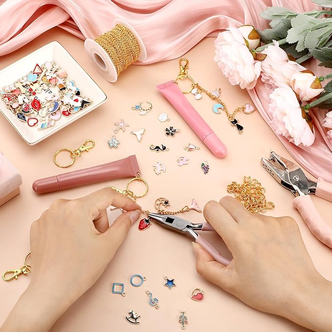 VioraWhite 213 Pcs Lip Gloss Keychain Making Kit 100 Pink Enamel Charms 32.81 ft Gold Chains for DIY Crafts Women(Stylish)