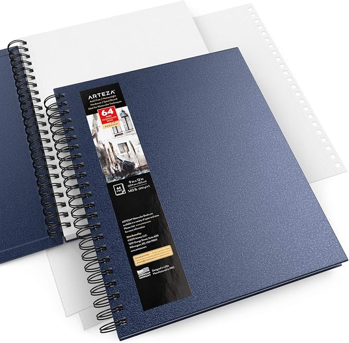 ARTEZA Watercolor Sketchbook 2-Pack, 9x12 Inches – 64 Pages Each, Cold Press 140 lb Paper, Spiral-Bound Hardcover Journal for Artists & Mixed Media