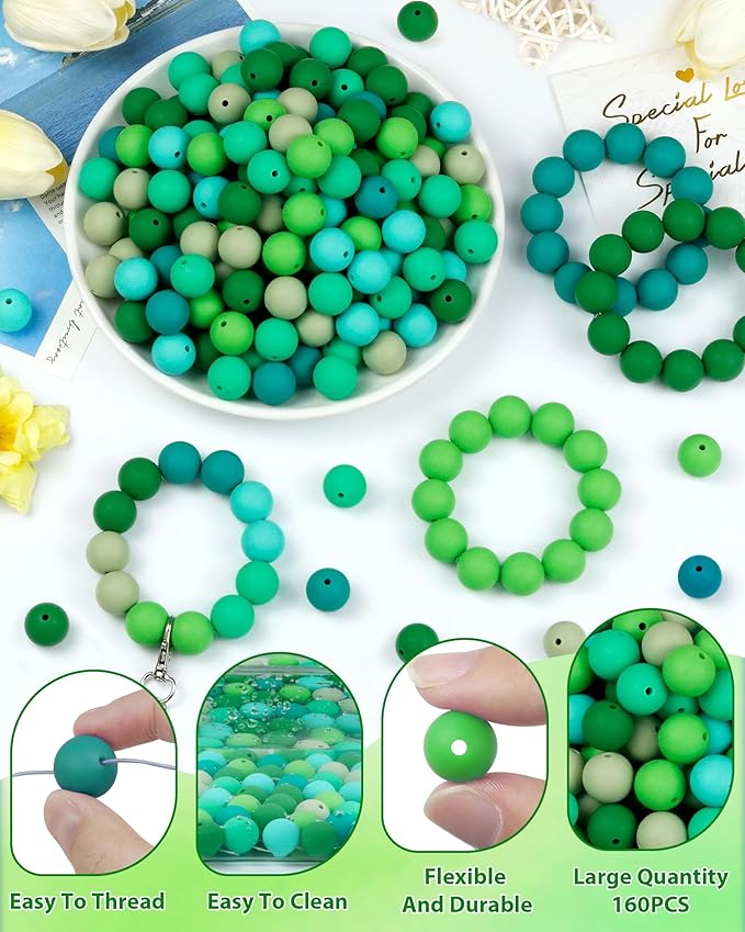 160pcs fiveizero 12mm silicone beads for keychain making, green mixed 6 colors round silicone bead bulk for pens, rubber beads for bracelets and diy crafts