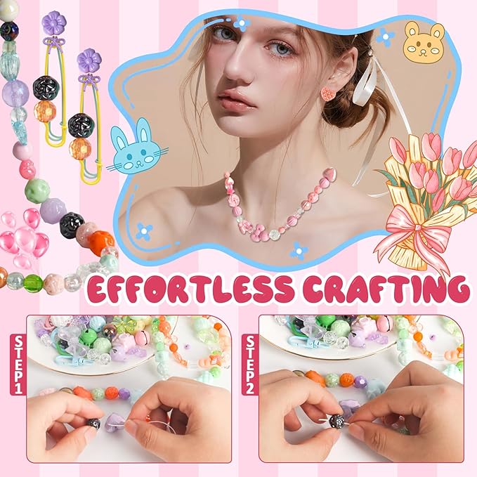 RYKOMO 600-700PCS Acrylic Beads for Bracelet Making Kit, with Bell, String, Key Rings, Clips in 6 Colors Kawaii Aesthetic Cute Beads for Jewelry Making, Keychains, Phone Charms, DIY Crafts
