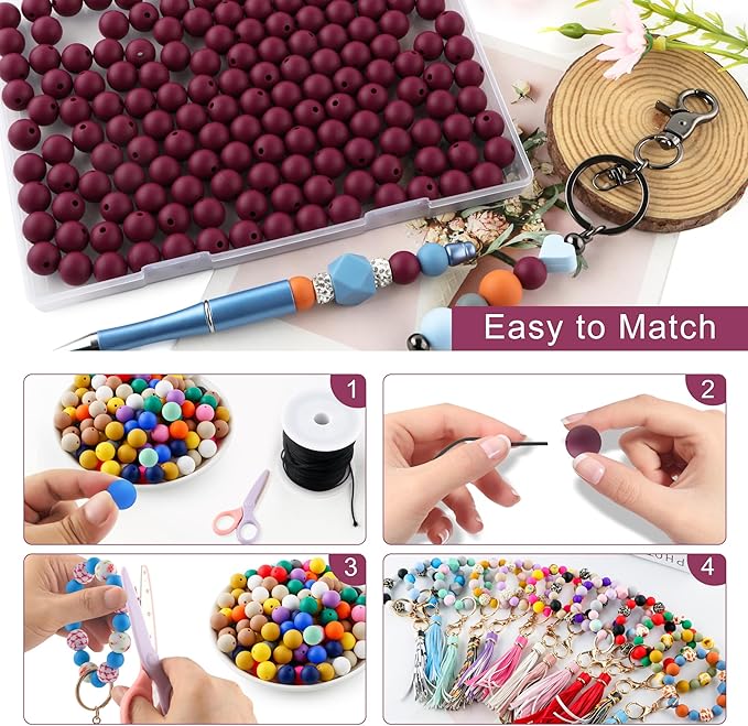 160Pcs 12mm Silicone Beads for Keychain Making Bracelet Necklace, Bulk Round Silicone Beads for Pens（Wine Red）