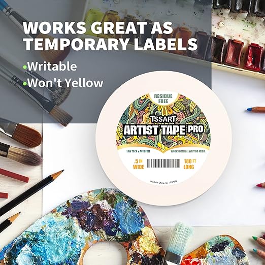 White Artist Tape Pro - Low Tack Masking Artists Tape for Drafting Art Watercolor Painting and All Paper Media - Acid Free 1/2inch Wide 180FT Long