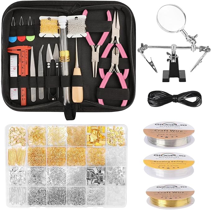 Giwaelro Jewelry Making Kit for Adults, Jewelry Making Supplies with Jewelry Making Tools, Jewelry Pliers, Jewelry Wires, Findings, Necklace Chains, Magnifier and Storage Bag (Pink)