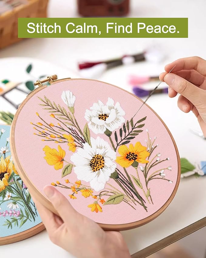 Santune 3 Pack Flower Embroidery Kit for Beginners Adults Cross Stitch Needlepoint Kits Hand Craft with Plant Patterns,3 Instructions,1 Hoop,Threads and 6 Needles