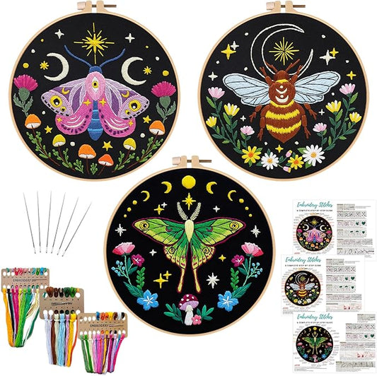 Nuberlic 3 Pack Embroidery Kit for Adults Beginners, Stamped Cross Stitch Moth and Bee Patterns with Hoop, Thread, Needles & Step-by-Step Guide Easy DIY Starter Kit