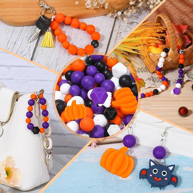 145 PCS Halloween Silicone Beads Kit - Round Loose Beads with Pumpkin Skull, Ghost, Bat & Polygonal Pastel Shapes for Home Decor, Crafts & Jewelry Making