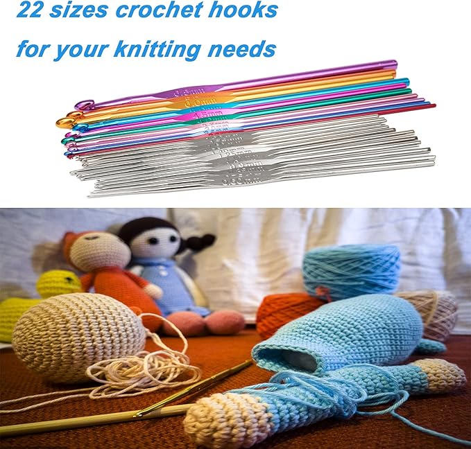 22Pcs Crochet Hooks Set, BetyBedy Aluminum Handle Knitting Needles, Multicolor Crochet Needles for Yarn Craft, 0.6~6.5mm