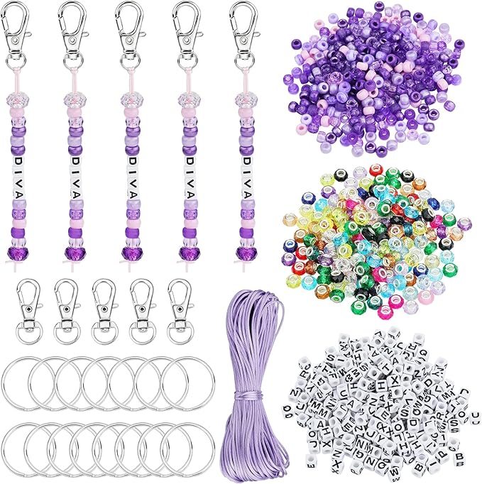 BEEFLYING 750 Pcs DIY Bead Keychain Kit Key Chain Making Crafts Letter Beads Strings Adjustable Alphabet Key Ring Jewelry Backpack Accessories Holiday Party Festival Favor Gift (Purple)
