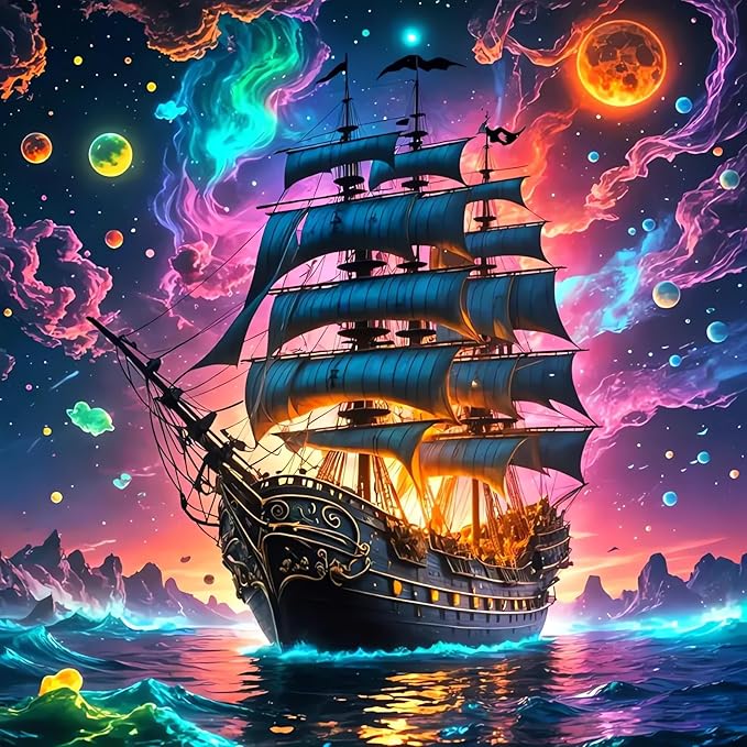 Pirate Ship Diamond Art Kits for Adults, 5D Diamond Painting for Beginners, Diamond Dot, Small Dimond Art Paintings Kit, Gem Painting Kit, Crafts for Adults, DIY Home Wall Decor Gifts 14x14inch