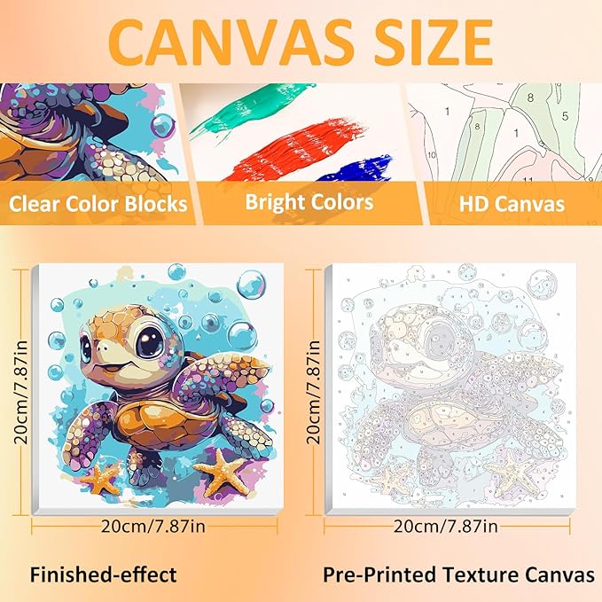 Paint by Numbers Kit for Kids with Frame, Sea Turtle Paint by Numbers for Kids Ages 4-8-12, DIY Turtle Acrylic Oil Painting for Home Wall Art Decor Gift 7.8x7.8 inch (with Frame Easel)