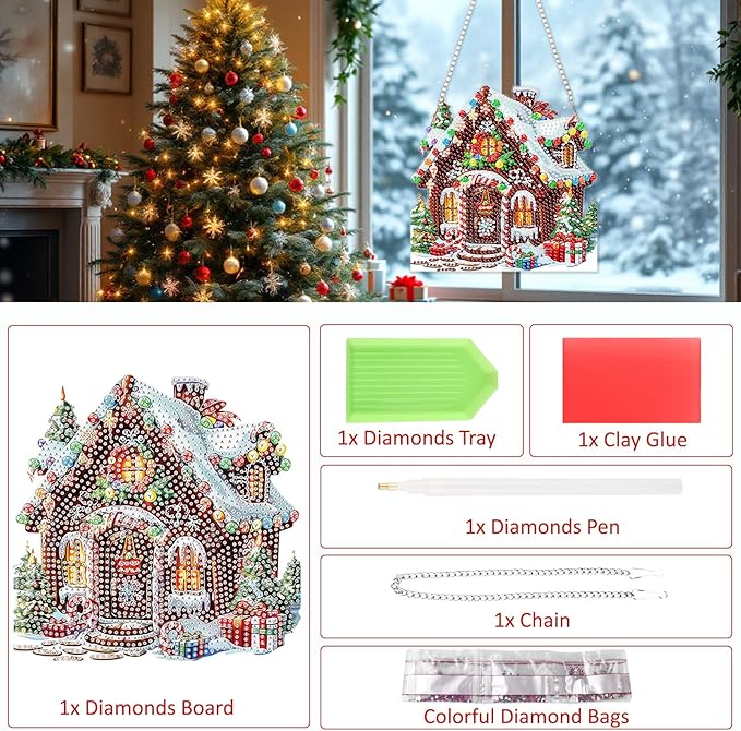 SENQAO Christmas Diamond Art Hanging Kits for Adults Kids, Candy House Diamond Art Suncatchers, 5D Special Shape Diamond Painting Pendant Window Ornament Gifts for Home Door Wall Decor