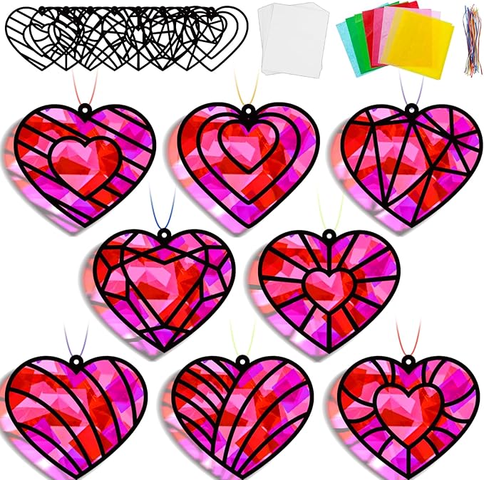32 Sets Valentines Suncatchers Craft Kit DIY Heart Window Stained Glass Effect Paper Pink Love Home School Classroom Decoration Valentines Art Craft Creative Activity Project Kid Gift Favor