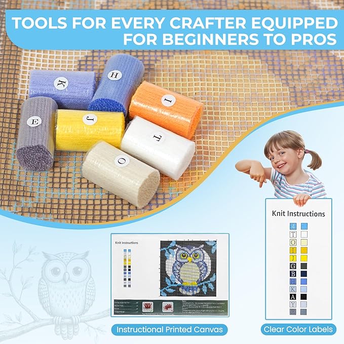 EsLuker.ly Full Moon Owl Latch Hook Pillow Kit for Adults Beginners, DIY Throw Pillow Cushion Cover Making Set with Pre-Printed Canvas & Crochet Yarn, Creative Latch Hook Craft Kits for Home Decor