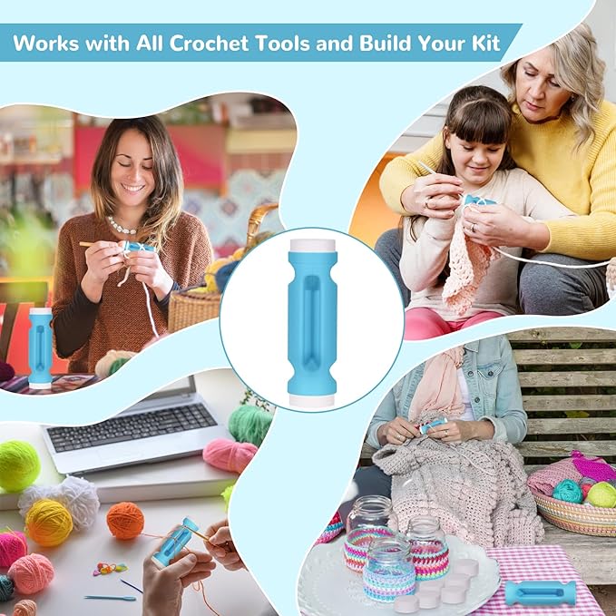 Crochet Loop Guide for Beginners, Durable Plastic 4" Crochet Holder with 6 Replaceable Sponges, Reusable Yarn Guide Tool Accessories for All Yarn Types, Easy Start Crochet Ring Aid (Blue)