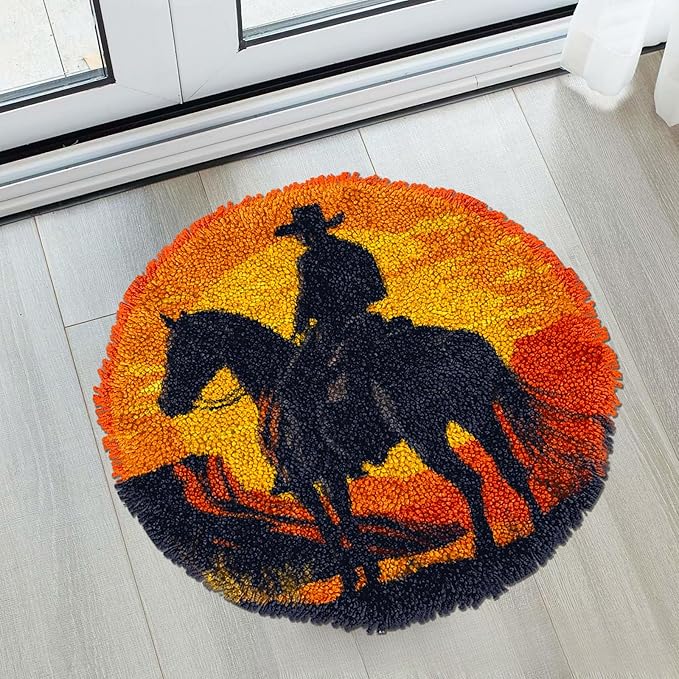 Latch Hook Rug Kit Western Cowboy on Horse Stamped Handmade Round Shape Carpet Crochet Yarn Craft DIY Hook and Latch Door Mat Tapestry for Christmas Home Floor Decor 50x50cm(1)