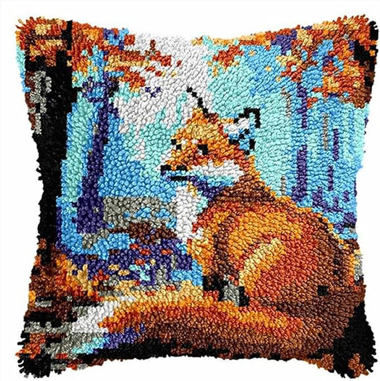 MIAOLLUN Jungle Fox Latch Hook Kits for Adults, Fox Latch Hook Kits DIY Throw Pillow Cover Cross Stitch Arts Craft Embroidery for Home Sofa Furniture 17X17inch