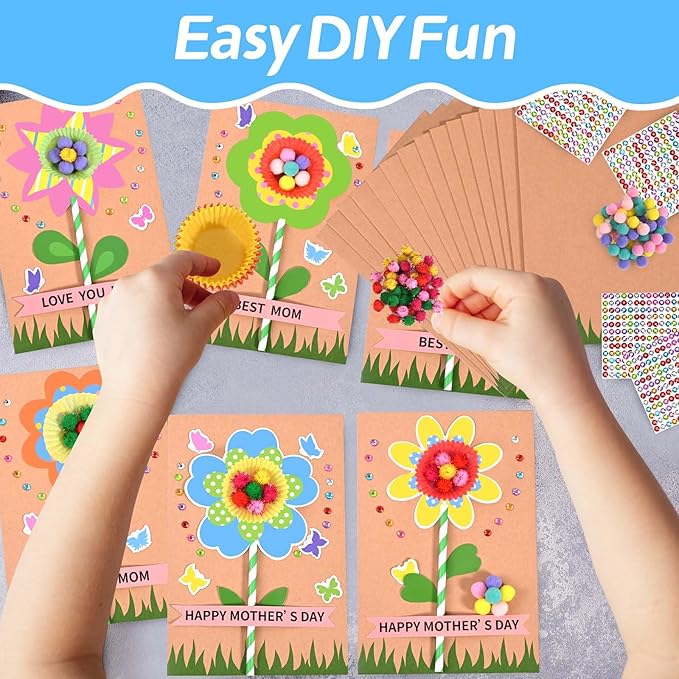 Sanixin 24 Sets Mother's Day Flower Card Craft Kit for Kids Spring DIY Flower Greeting Card Set Happy Mother's Day Card Making Kit for Mom Gifts Classroom School Home Activities