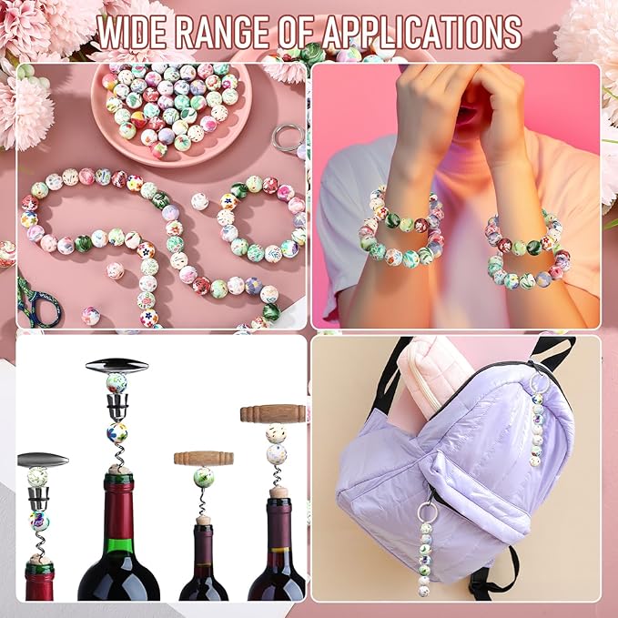 Ferreve 120 Pcs 15mm Silicone Beads Bulk Silicone Beads Print Rubber DIY Bracelet Making Kit for Keychain Making Pens Necklace Jewelry(Floral)