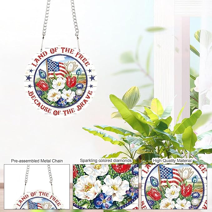 DIY Independence Day Diamond Painting Hanging Kit, 5D Acrylic Special Shaped Crystal Diamond Art Pendant, "Land of The Free" Patriotic Wall Decor for Home, Door, or Garden, July 4th Gift for Adults