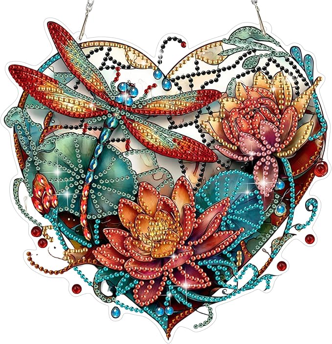 MEIYUDA Dragonfly Diamond Art Hanging Kits for Adult, Glass Lotus Dragonfly Diamond Painting Hanging Kits Ornaments, DIY Special Shaped Rhinestone Window Pendants Kit for Home Garden Wall Decor Gift