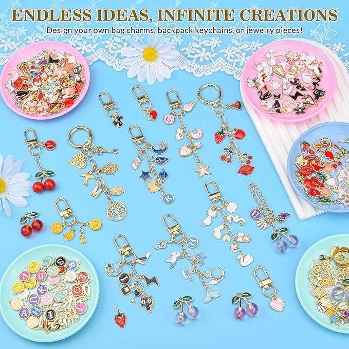 656Pcs Keychain Making Kit: Gold Jewelry Making Supplies Including 198 Charms 30 Keychain Clips with Organizer Box, Lip Gloss Key Chain Kits, Cute Bag Charm Kit for Backpacks DIY Crafts Accessories