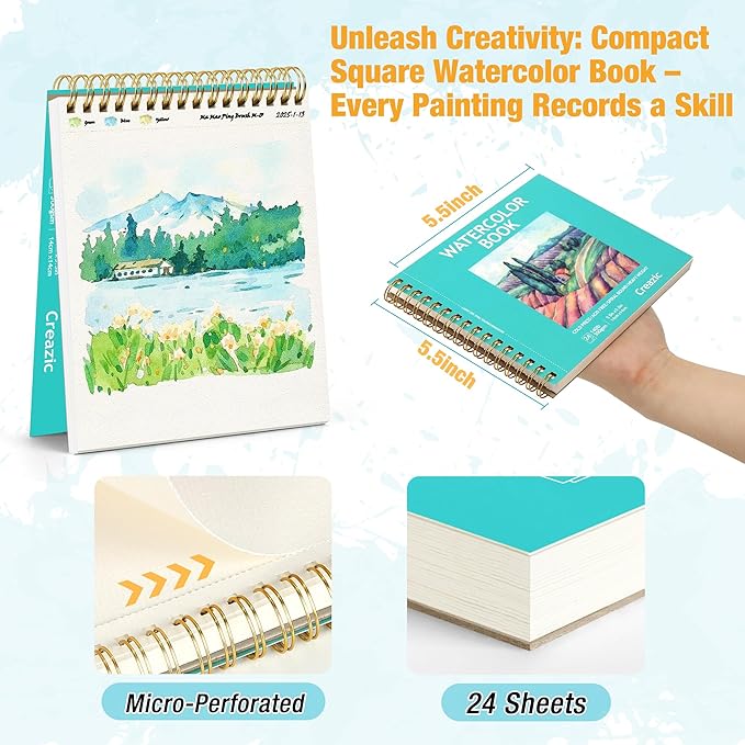 Creazic 2-Pack 5.5"x5.5" Square Watercolor Sketchbook (140lb/300g) | Premium Artist Paper, Spiral Bound & Micro-Perforated | Portable Travel Pad for Watercolor, Hand Lettering, Sketches, Kids & Adults