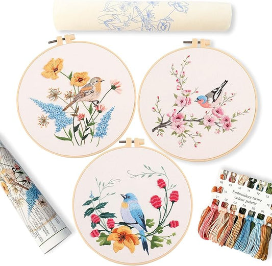 reewisly 3p embroidery starter kit patterns, diy adult cross stitch kits beginner, including 3 plastic embroidery rings, 1 scissors, colored threads,needles and instructions