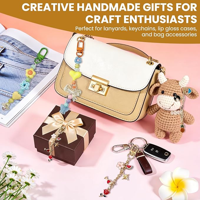 Aucscott DIY Keychain Making Kit with Charms for Girls, Aesthetic Personalized Lip Gloss Bracelet Earring Bag Charms Personalized Cute Keychains Craft Kit Gift for Teens, Besties, Friends & Birthday