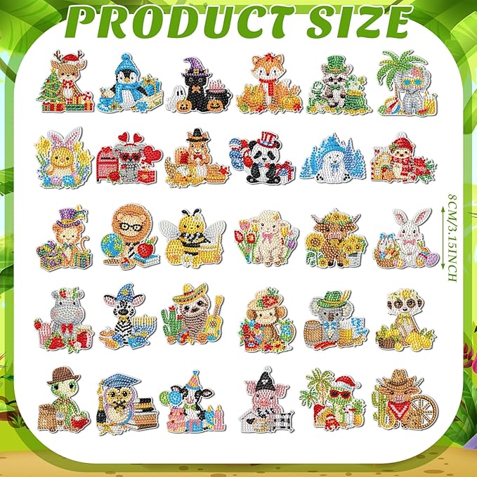 Xuhal 30 Pcs Holiday Diamond Painting Magnets Seasonal Animal Diamond Art Magnet Kits for Adults Cute 5d Rhinestone Seasonal Animal Refrigerator Magnetic Sticker for DIY Craft Fridge