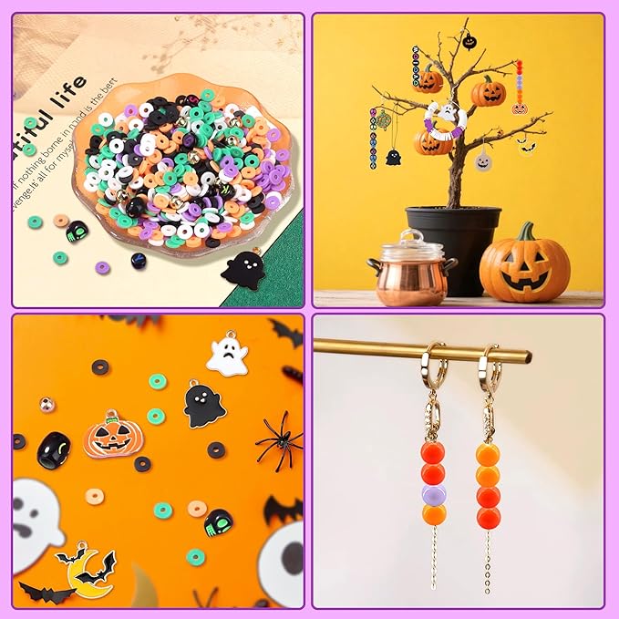 Halloween Beads for Friendship Bracelet Kit,400+ Pcs Halloween Glass Beads and Black Letter Bracelet Making Kit, DIY Crafts for Party