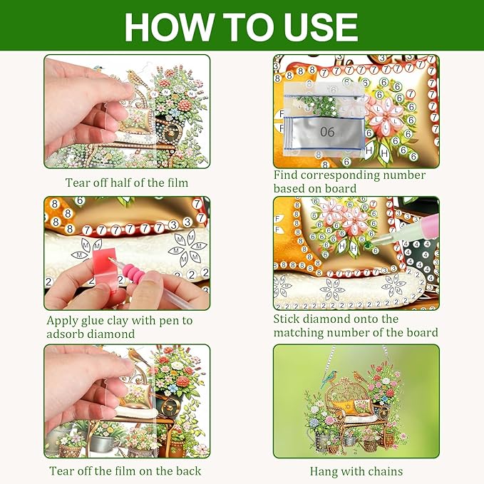 CEOVR Garden Birds Hanging Diamond Art for Adults, Spring Birds Flower Diamond Painting Pendant DIY Gem Art Wall Hanging Ornament, Acrylic Home Decor with Chain, Box Kit 7.75×7inch