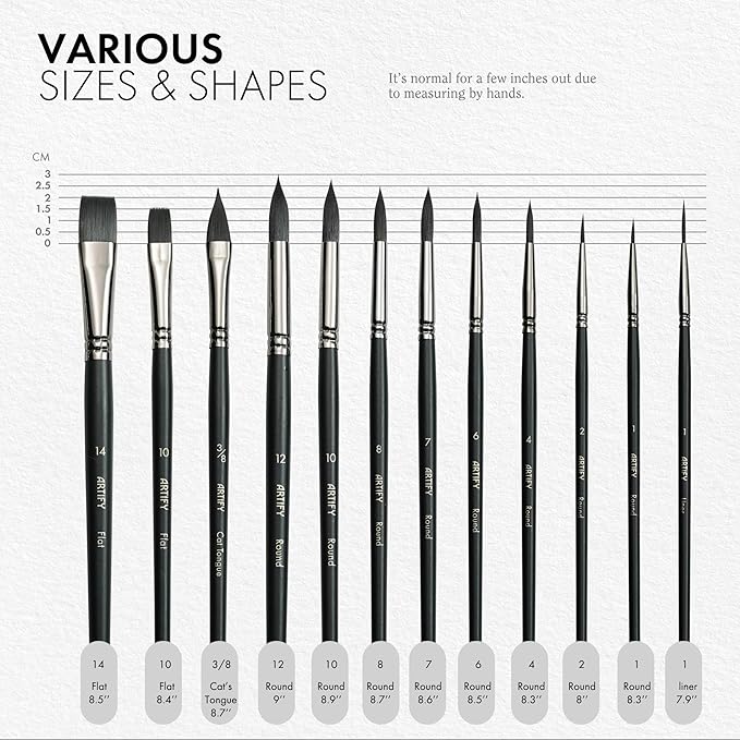 ARTIFY 12 PCS Watercolor Brushes Set, Premium Bionic Hair Brushes for Watercolor, Gouache, Fluid Acrylic - Detail, Round, Flat, Cat's Tongue, Liner