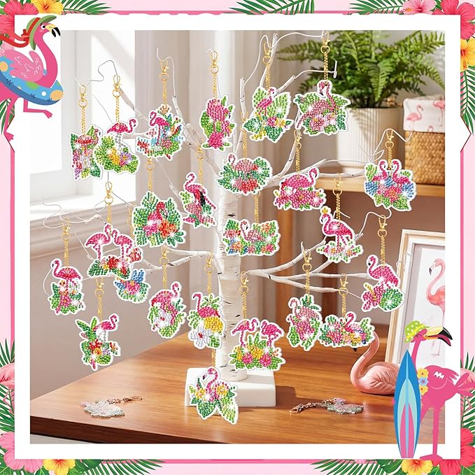 Huquary 30 Pcs Summer Diamond Painting Keychains Animals Flamingo Diamond Art Kit 5d Double Sided Diamonds Hanging Keychains for Adult Beginner DIY Crafts Party Gift