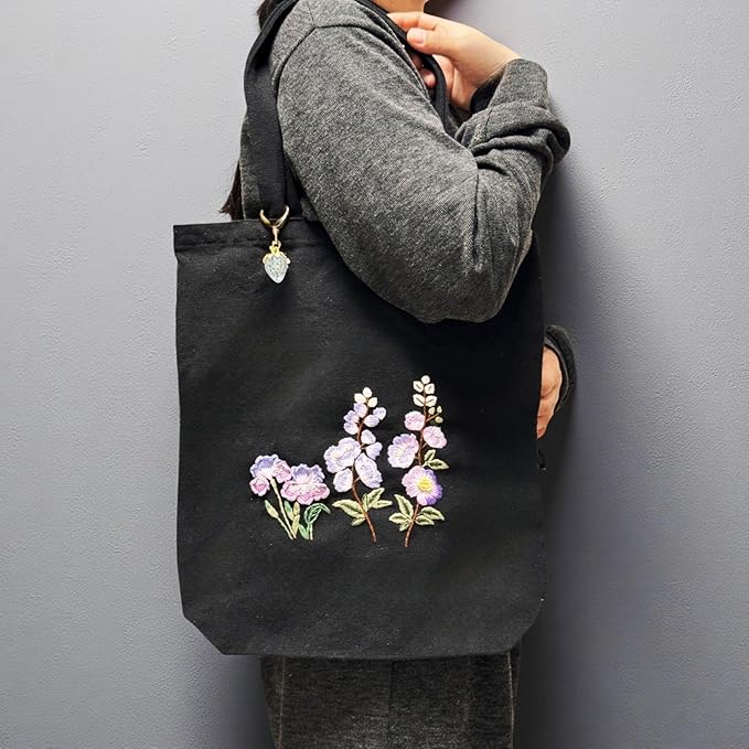 Speedura Embroidery Kit for Beginners – Dual Canvas Tote Bags with Floral Cross Stitch Patterns | Complete Needlepoint Set Includes Hoops, Threads & Step-by-Step Video Tutorial (Beige & Black Set)