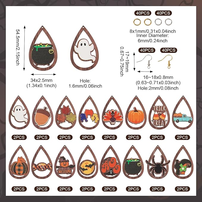 Beadthoven 16 Pairs DIY Halloween Wood Dangle Earrings Making Starter Kit Fall Harvest Wood Pendants Thanksgiving Hollow Teardrop Charms Ornaments Earring Hooks Jump Rings for Jewelry Making Adult