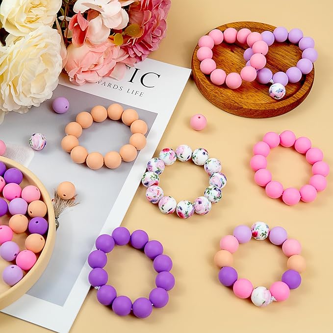 120 Pcs 15mm Silicone Beads for Keychain Making Bracelets Pink Purple Printed 6 Mixed Colors Silicone Round Beads Bulk for Crafts Pens Making