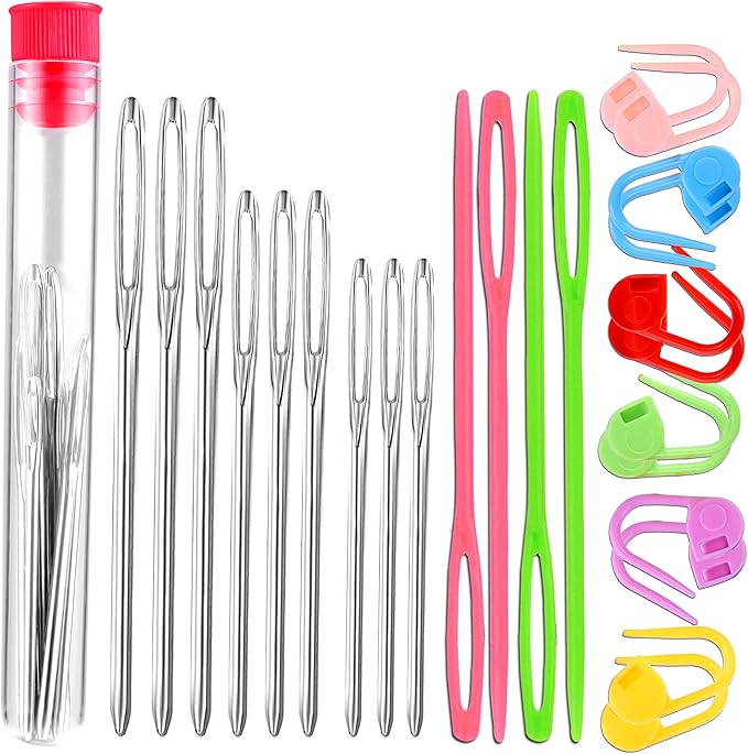 Orrdice 26 Pcs Sewing Knitting Kits, 9 Pcs Large-Eye Blunt Yarn Needles, 4 Pcs Plastic Weaving Needles,12 Pcs Colorful Knitting Crochet Locking Counter Stitch Needle, Suitable for Crochet Project